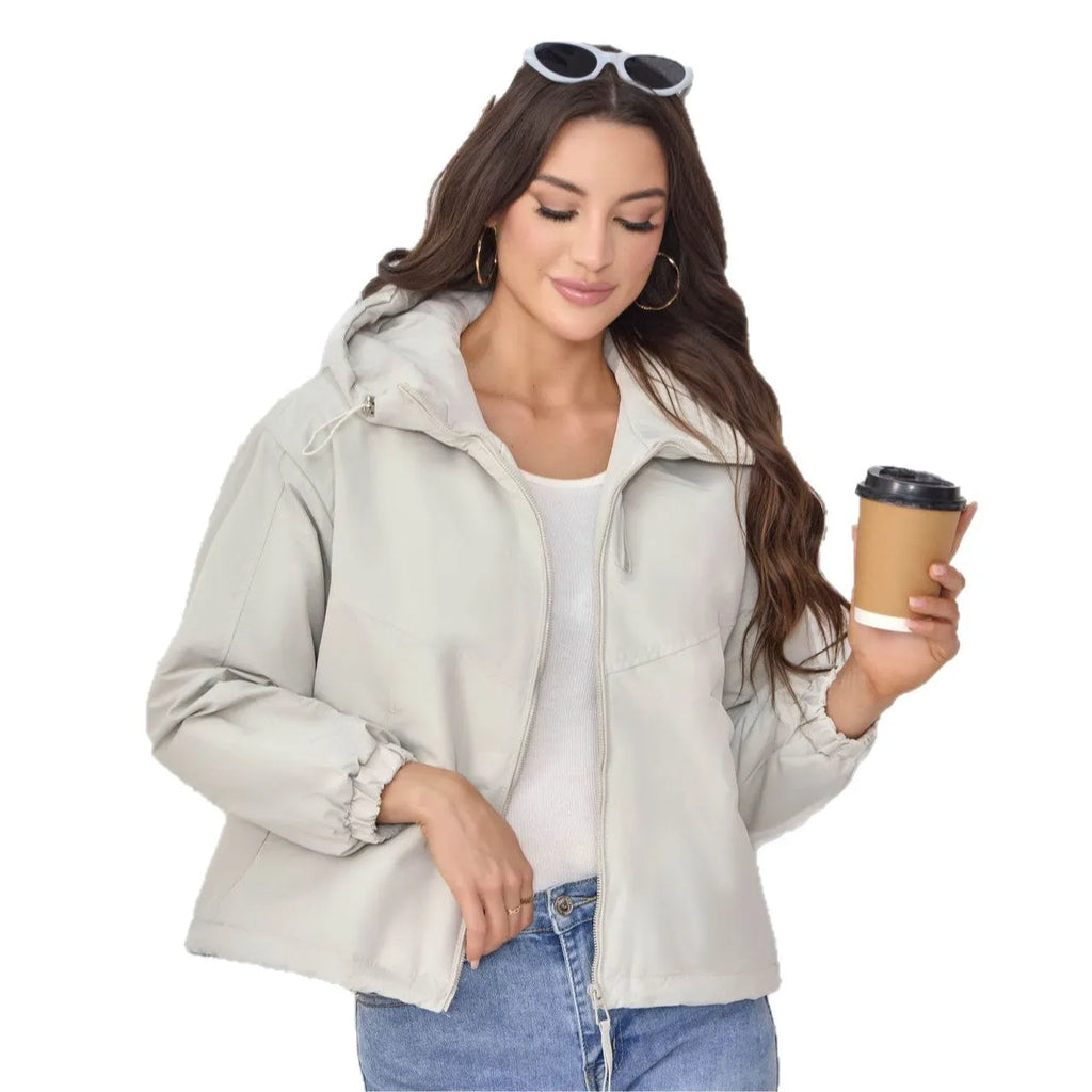 Women's hooded shell jacket loose fit polyester long sleeve solid colour black front view