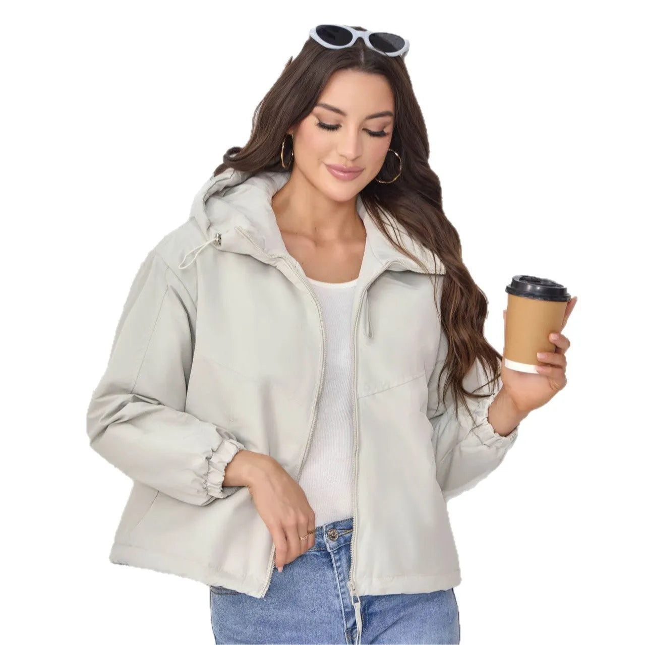 Women's hooded shell jacket loose fit polyester long sleeve solid colour black front view