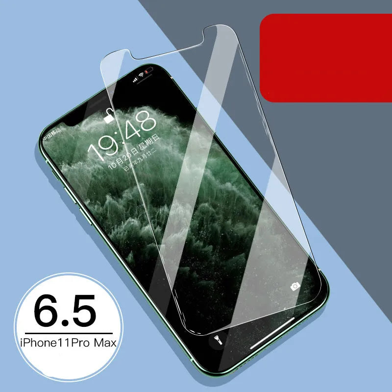 Apple iPhone tempered glass screen protector set showing front and rear film with true 10D explosion-proof construction