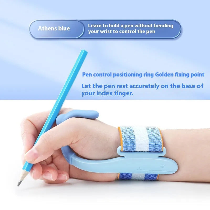 Blue Anti-hook Holder Pen Control Corrector, a wrist brace and pencil grip for children's handwriting.