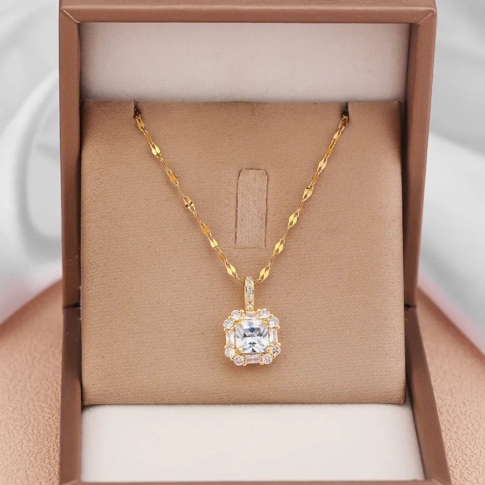 Women's titanium steel clavicle chain with geometric zircon pendant in T8052 gold colour