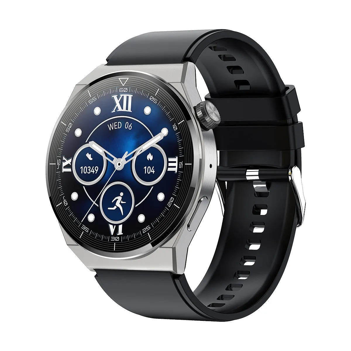 Round Android smart watch with black silicone strap showing NFC and Bluetooth calling features on its screen.