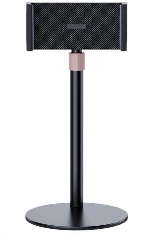 Black metal tablet bracket with telescopic arm extended, holding an 11-inch tablet.