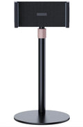Black metal tablet bracket with telescopic arm extended, holding an 11-inch tablet.