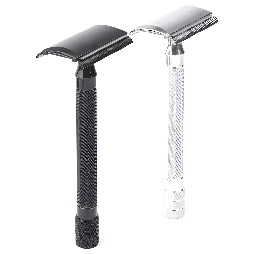 Manual beard scraper and brush set in black or silver metal finish