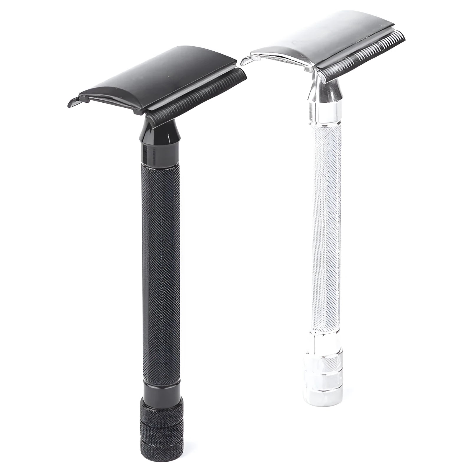 Manual beard scraper and brush set in black or silver metal finish