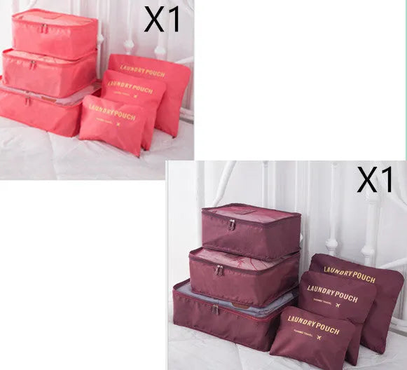6 piece polyester travel storage bag set in hand bag type shape for clothes and cosmetic organisation, various colour options