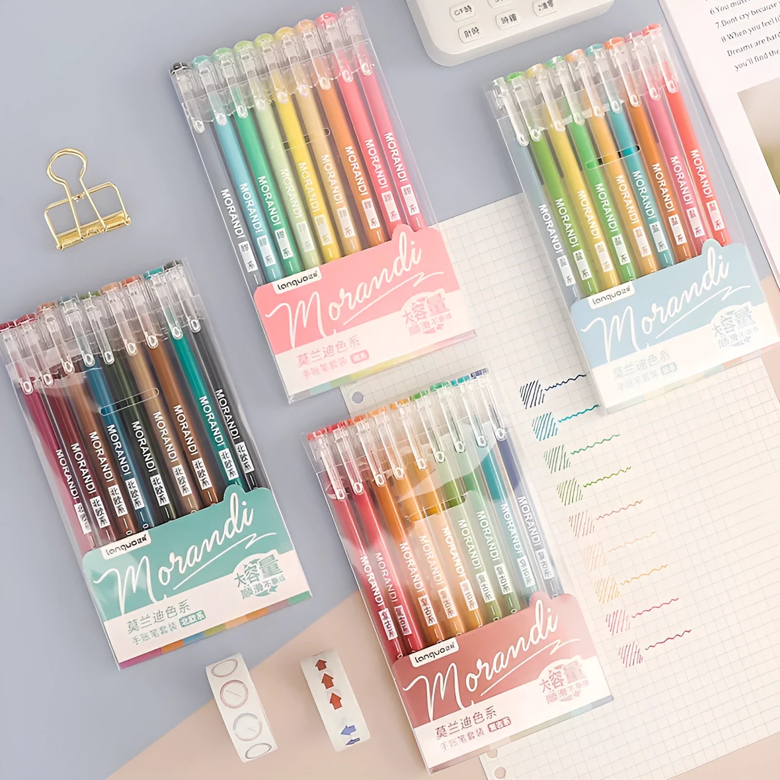 Set of nine retro Japanese colour gel pens with 0.5mm needle tips on white background