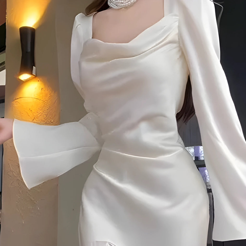 Satin long sleeve champagne white dress for marriage certificate photo mid-rise waist