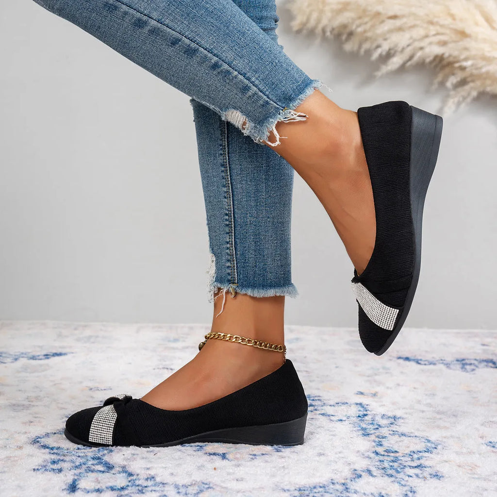 Women's black slip-on casual shoes with rhinestone decoration and chunky heel