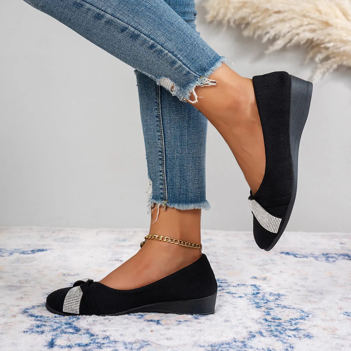 Women's black slip-on casual shoes with rhinestone decoration and chunky heel