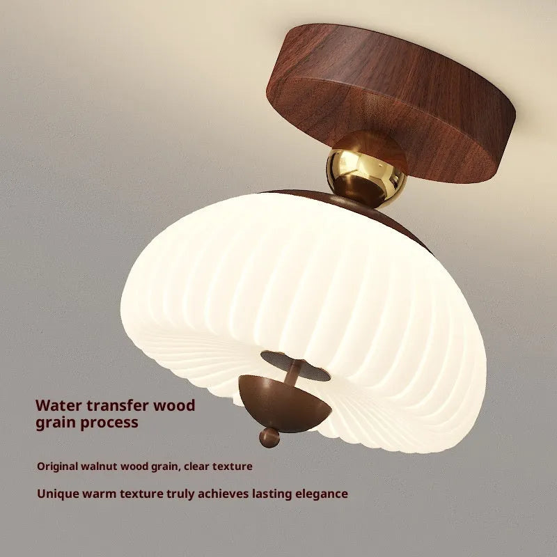 Antique glass ceiling lamp with remote control and tricolour light in wood colour finish for bedroom