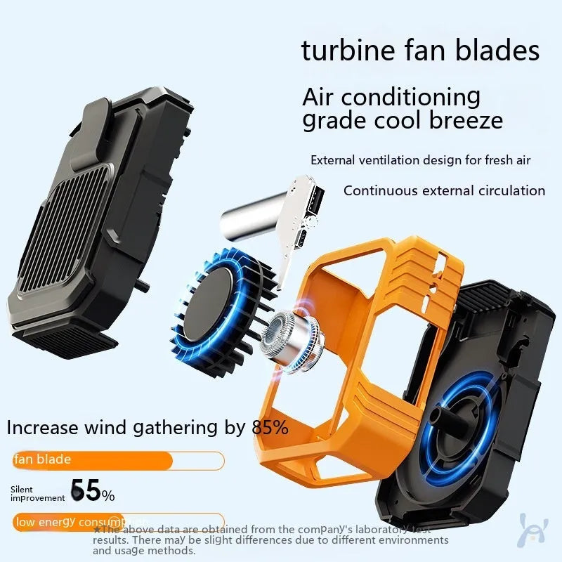 Green wrist hanging personal fan with blades, LED light, and USB charging port on a strap.