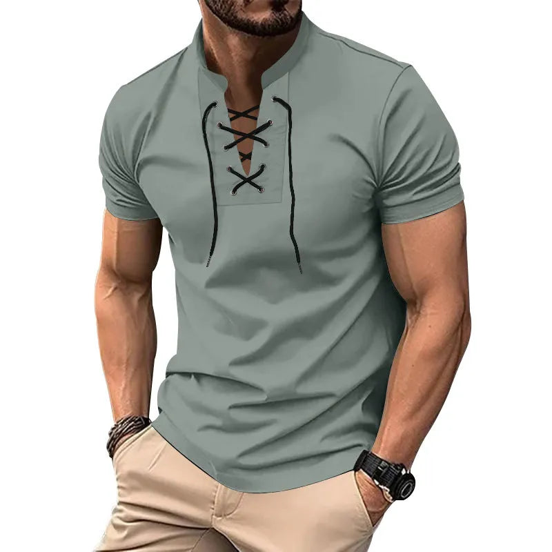 Men's V-neck V-tie casual summer top in solid colour, short sleeve, loose fit, polyester