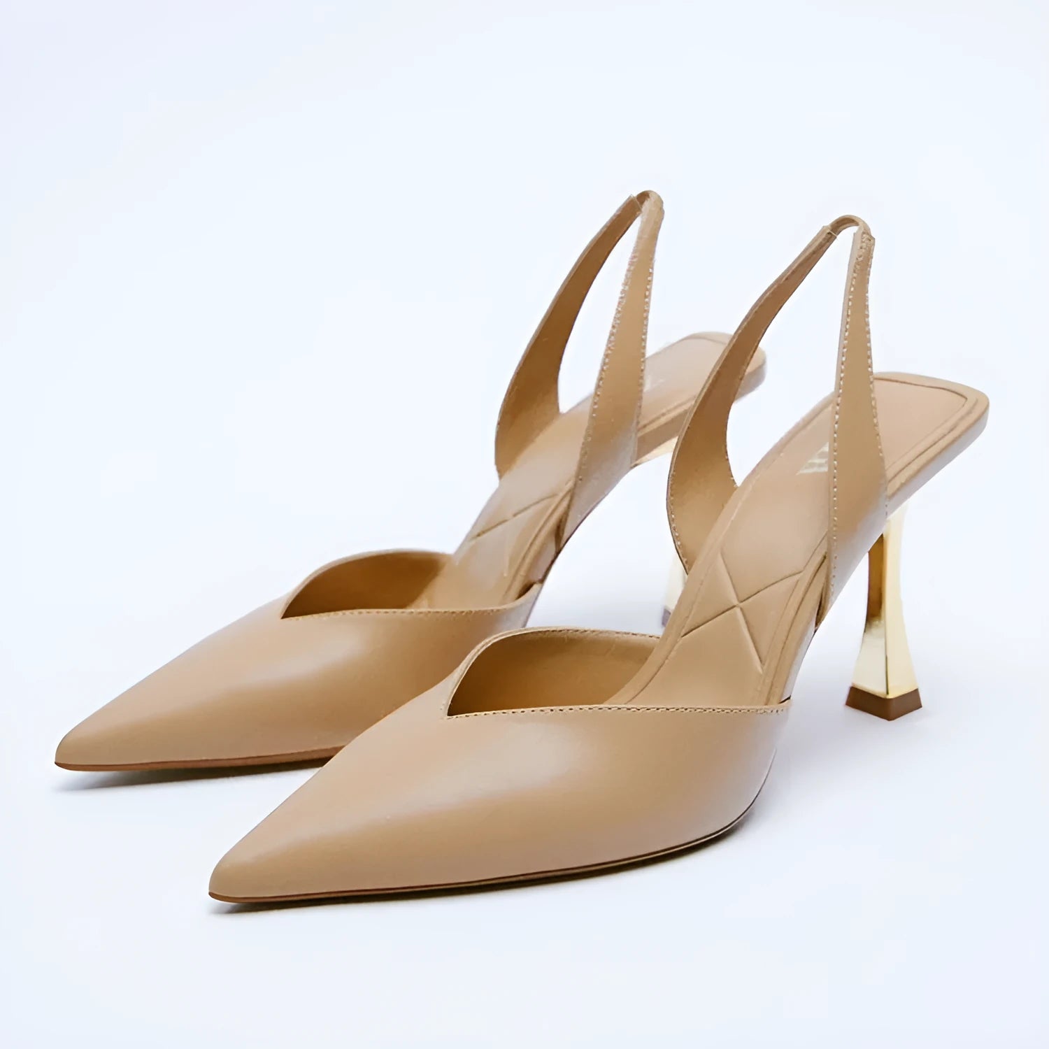 Apricot nude patent leather pointed high heels with shallow mouth design from front view