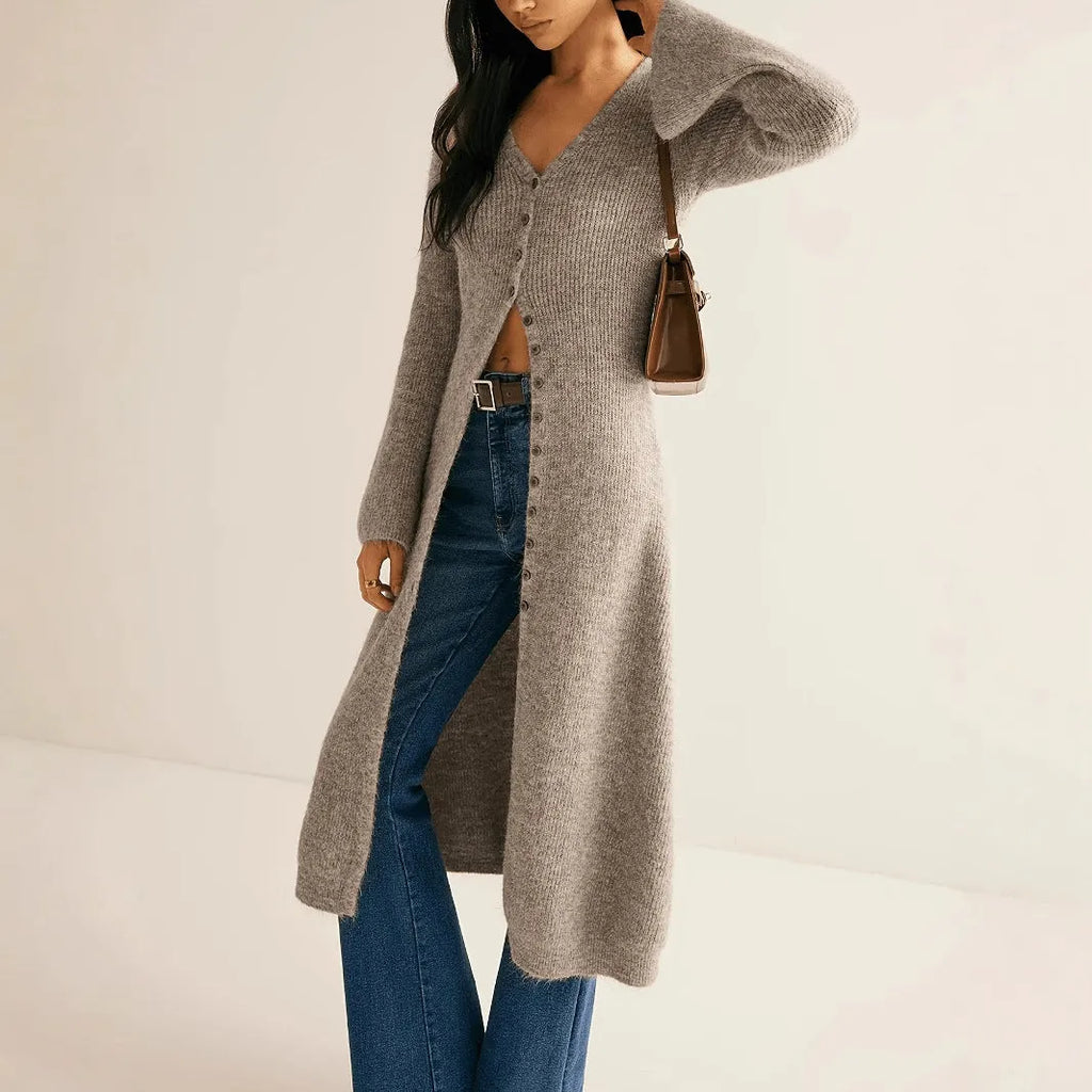 Khaki French style long sleeve cardigan coat with button front closure