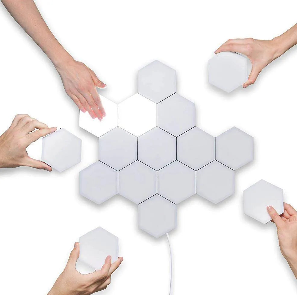 Modern honeycomb modular touch wall lamp assembled in a geometric pattern on a wall.