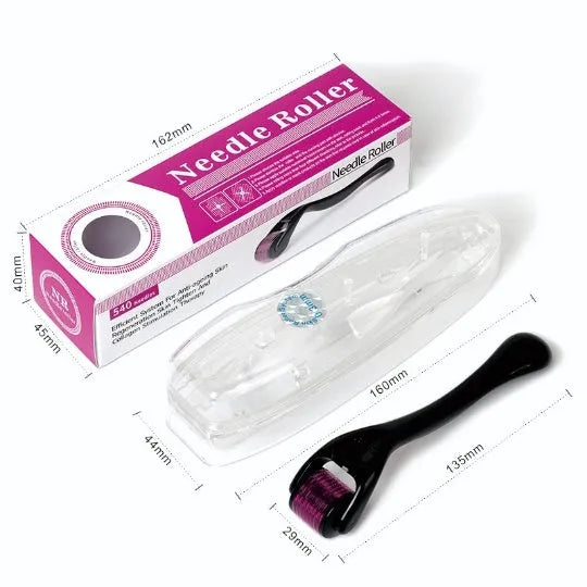 Close-up of a titanium derma roller with black handle showing the 540 needle head.