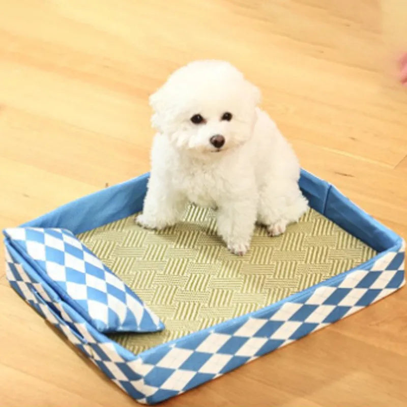 Blue woven rattan cat litter mat and bed in a medium size on a wooden floor.