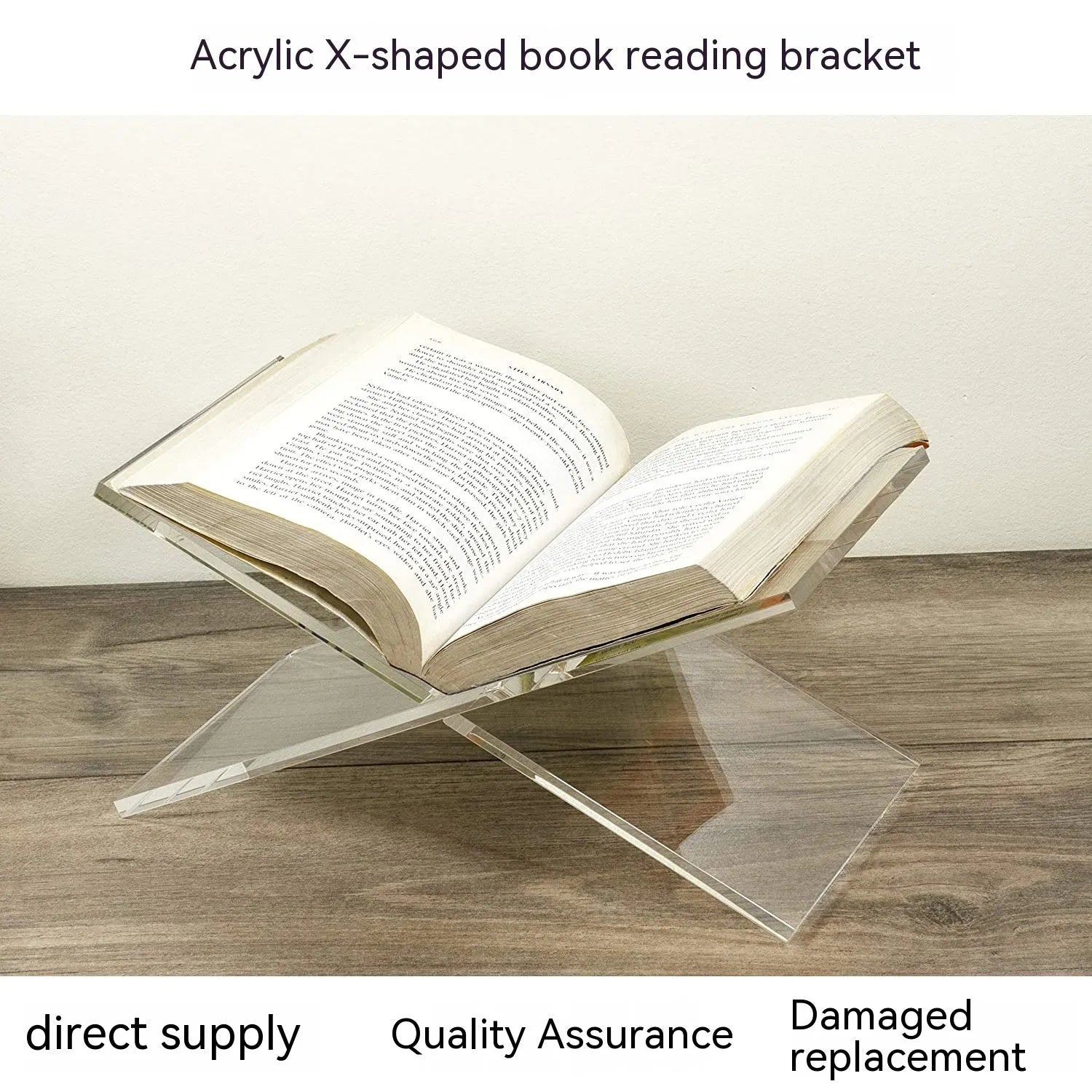 Clear acrylic X-shaped book reading rack displaying books on desktop