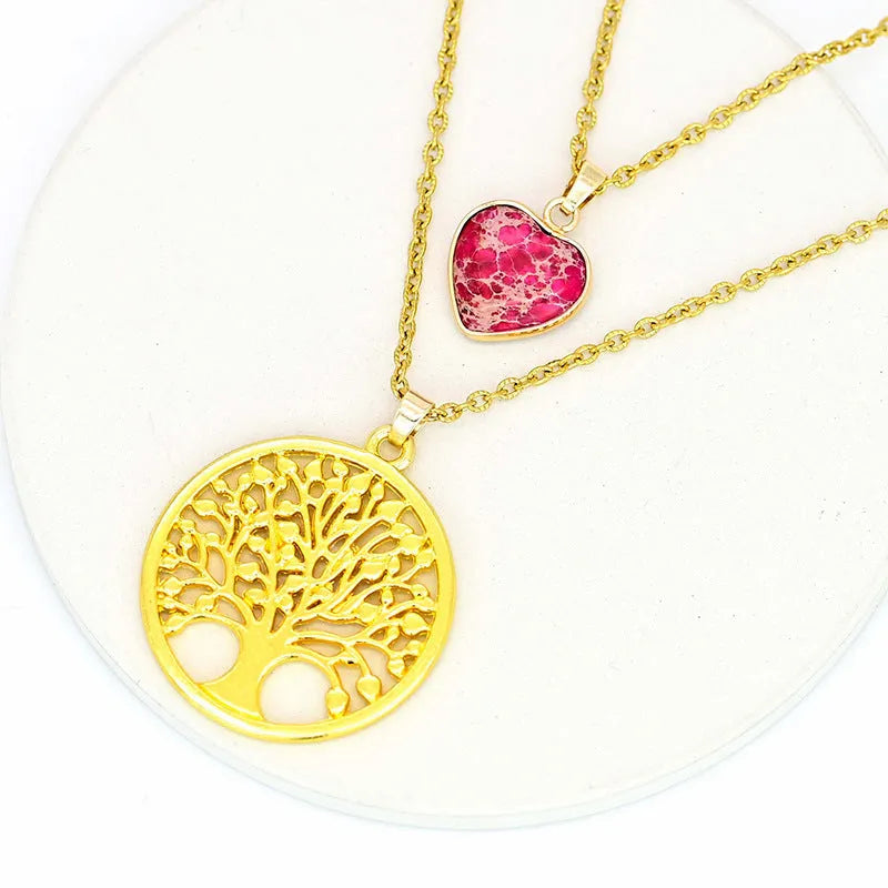 Red heart emperor stone tree of life pendant necklace on chain, 2.5cm pendant, 45cm length