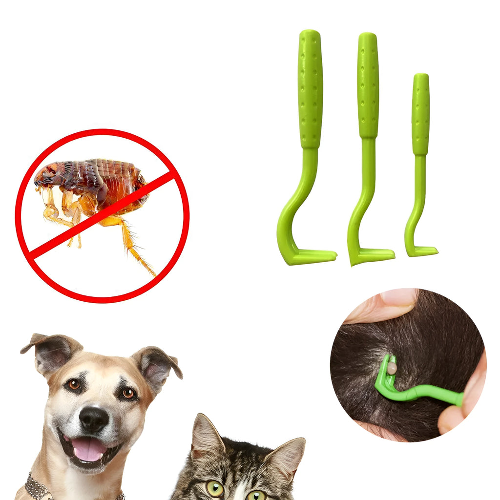 Set of three blue plastic tick removal hooks for dogs and cats on a white background.