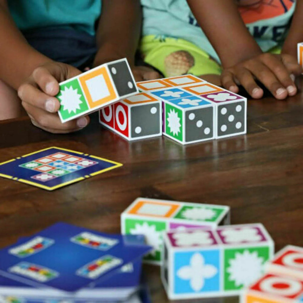 Matching Master board game with colourful ABS blocks and pattern cards in a colour box