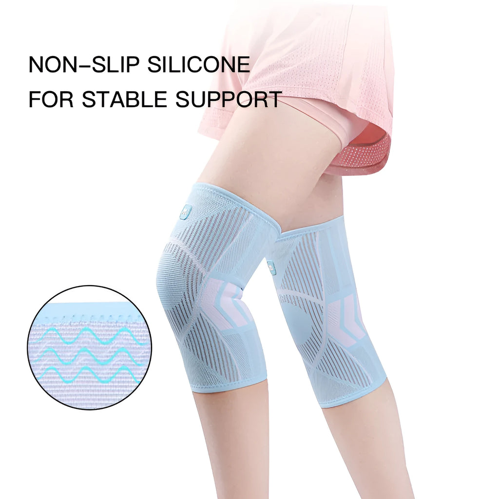 Knee compression sleeve with non-slip silicone stripes for knee pain relief and recovery, black, side view