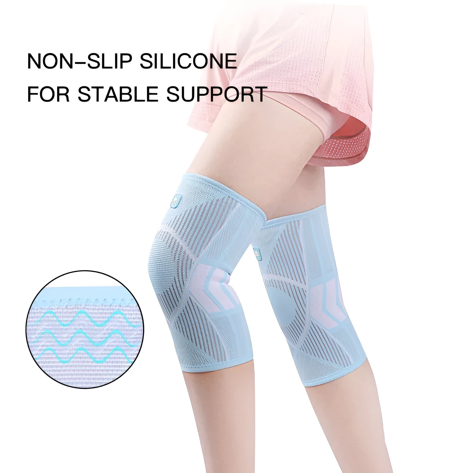Knee compression sleeve with non-slip silicone stripes for knee pain relief and recovery, black, side view