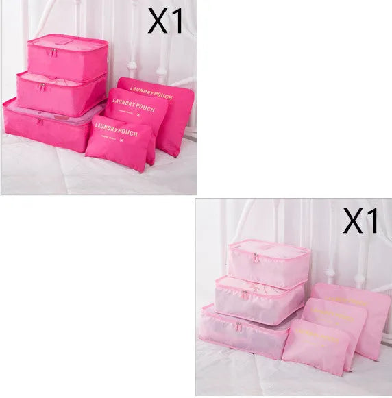6 piece polyester travel storage bag set in hand bag type shape for clothes and cosmetic organisation, various colour options
