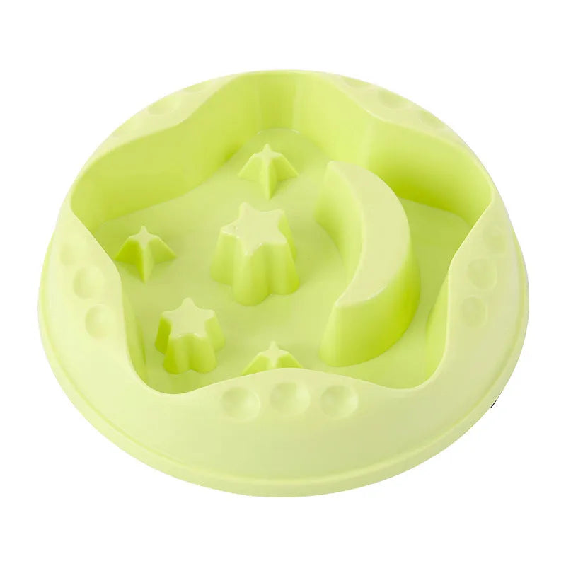 Large blue slow feeder dog bowl with raised moon and star wing patterns and a non-slip rubber base.