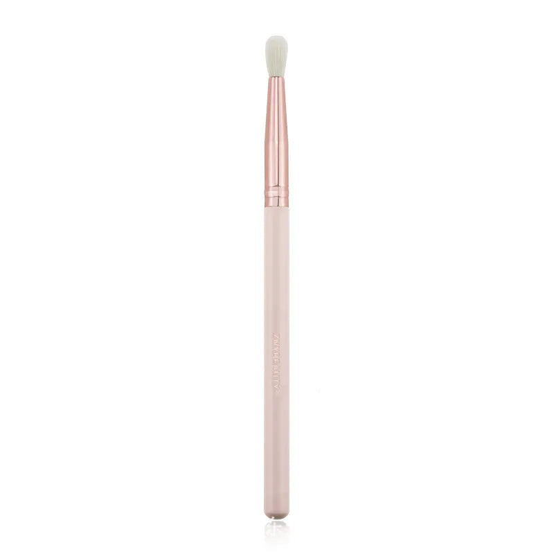 Pink 26-piece makeup brush set with wooden handles displayed in a PU storage bag.