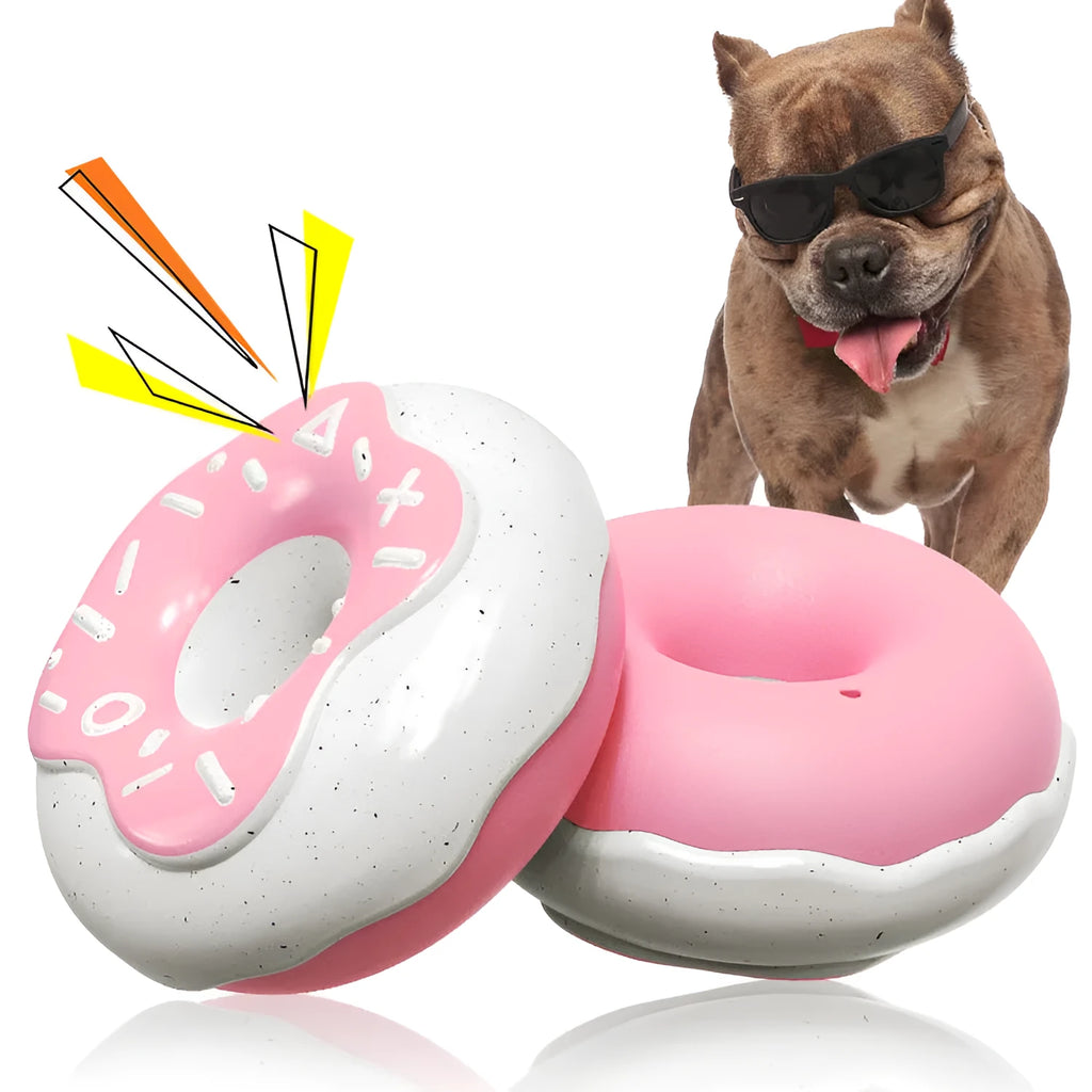 TPR donut-shaped dog toy with squeaker for molar teeth cleaning in pink colour