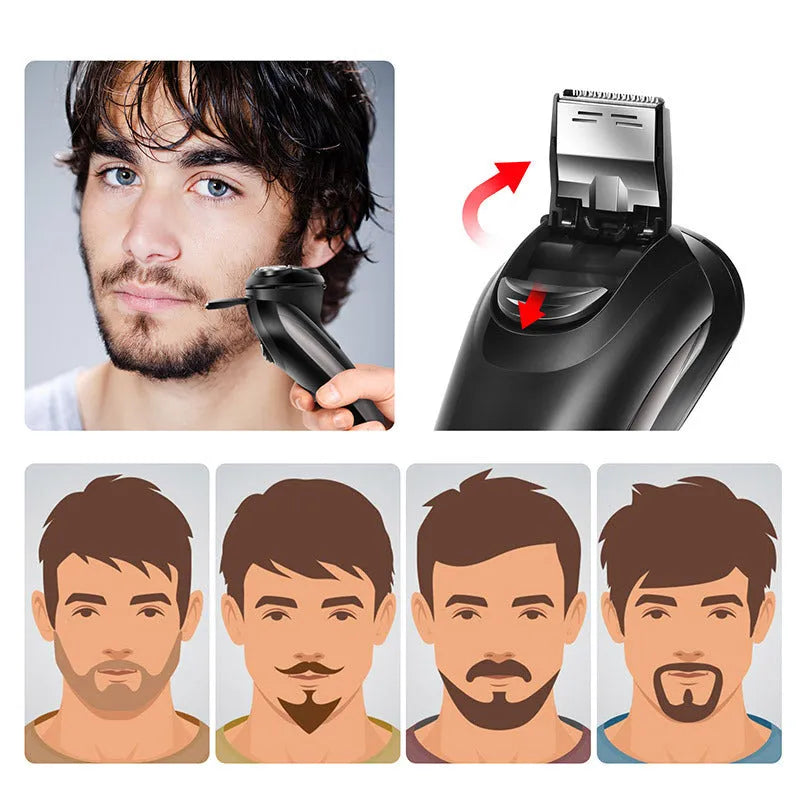 Men's electric shaver with three rotating floating heads and LED display shown with USB cable and grooming accessories.