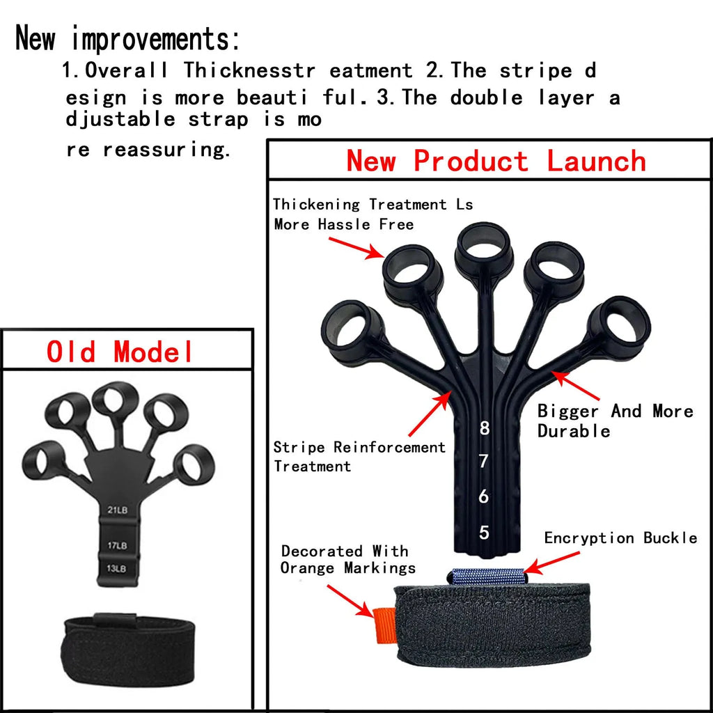 Black silicone finger flexion and extension rehabilitation trainer with adjustable resistance belt