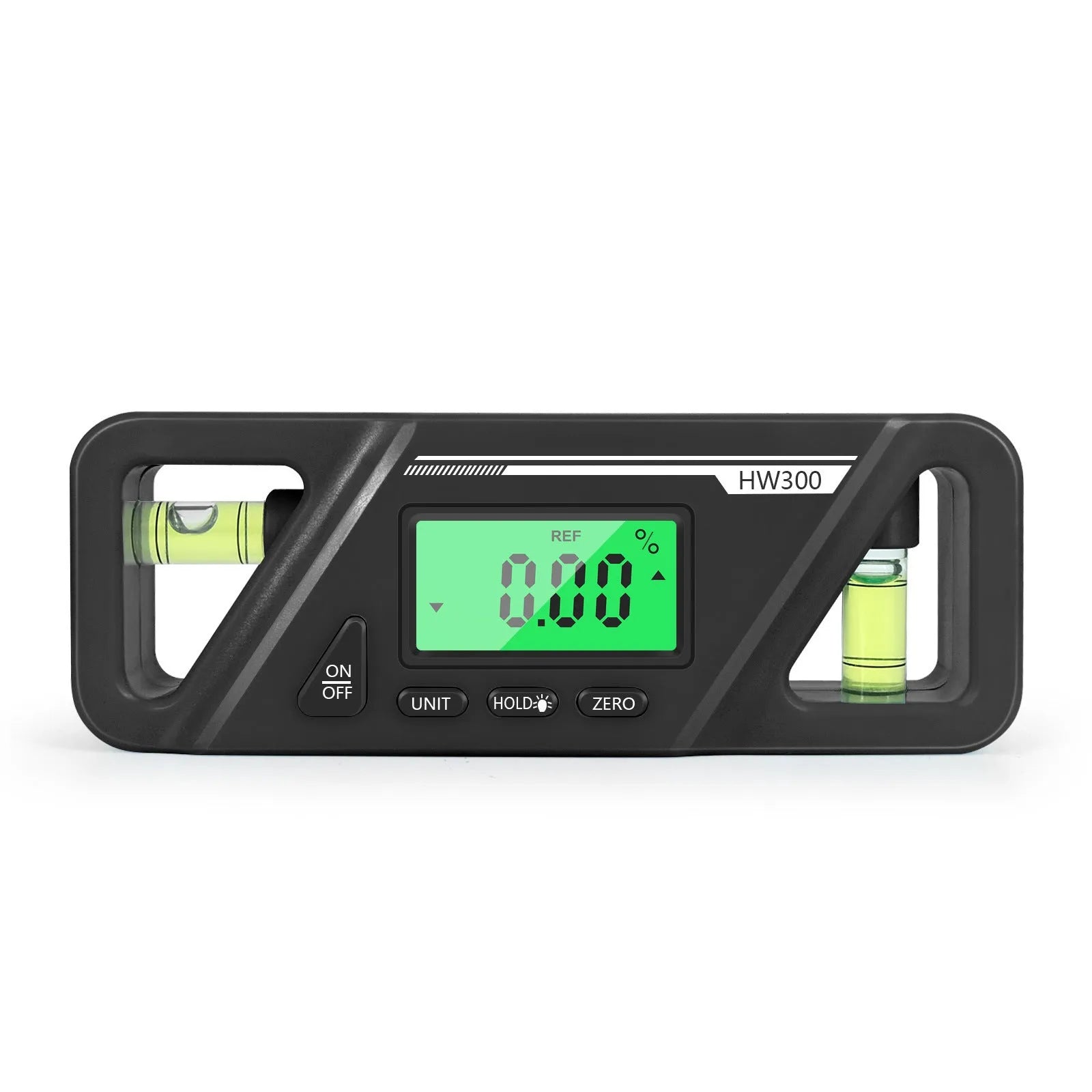 Black digital inclinometer level meter with magnetic base, showing angle reading on LCD display.
