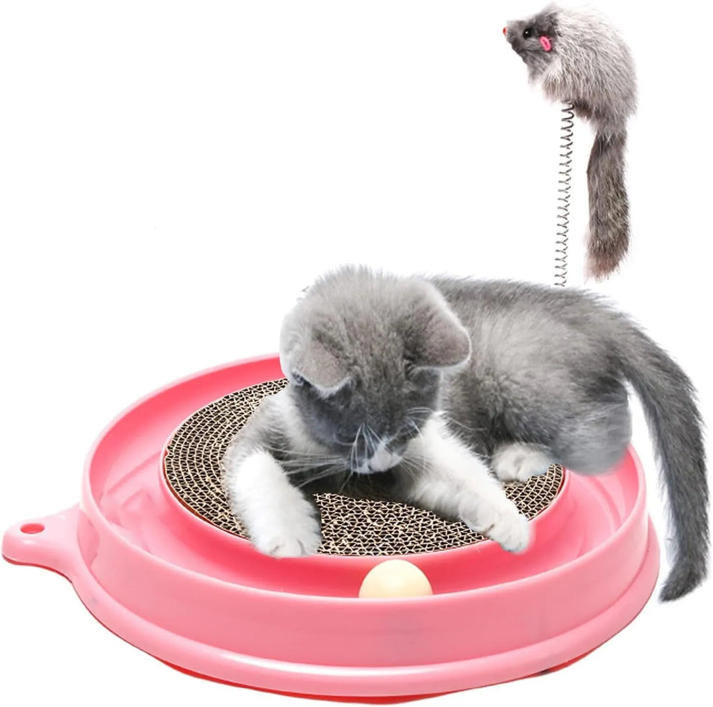 Blue cat scratching post with replaceable cardboard pad, ball track, and mouse swatter accessory
