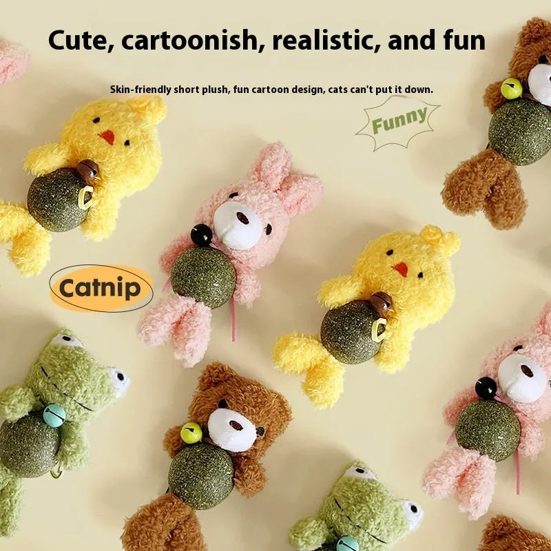 Plush catnip ball toy with bell in brown bear, pink rabbit, piyopiyo or green frog designs