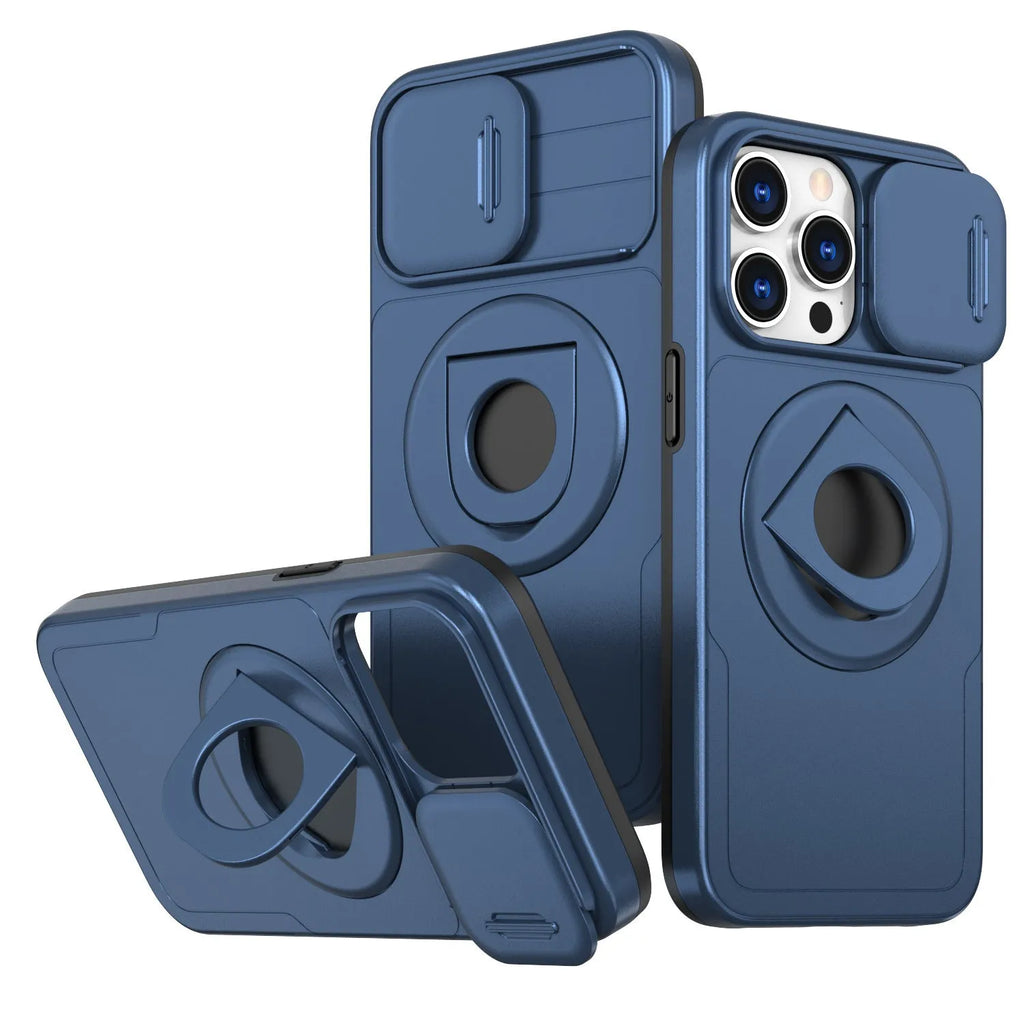Phone case with sliding window magnetic ring and rotating bracket for Apple iPhone, shockproof PC TPU, black colour