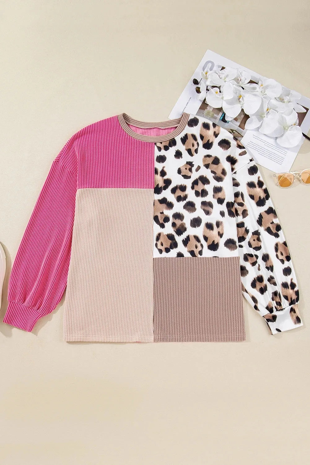 Women's round-neck ribbed colour-block leopard print long-sleeve top in rose red, front view