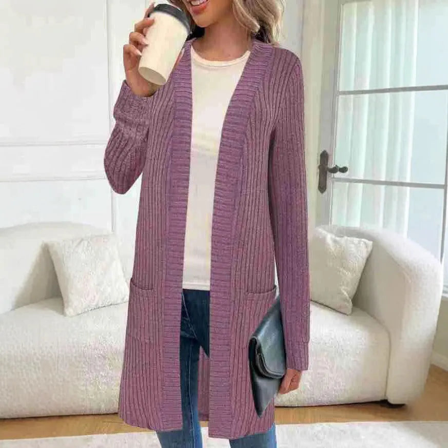 Loose knitted cardigan jacket with long sleeves and pockets in black, gray, or wine red polyester