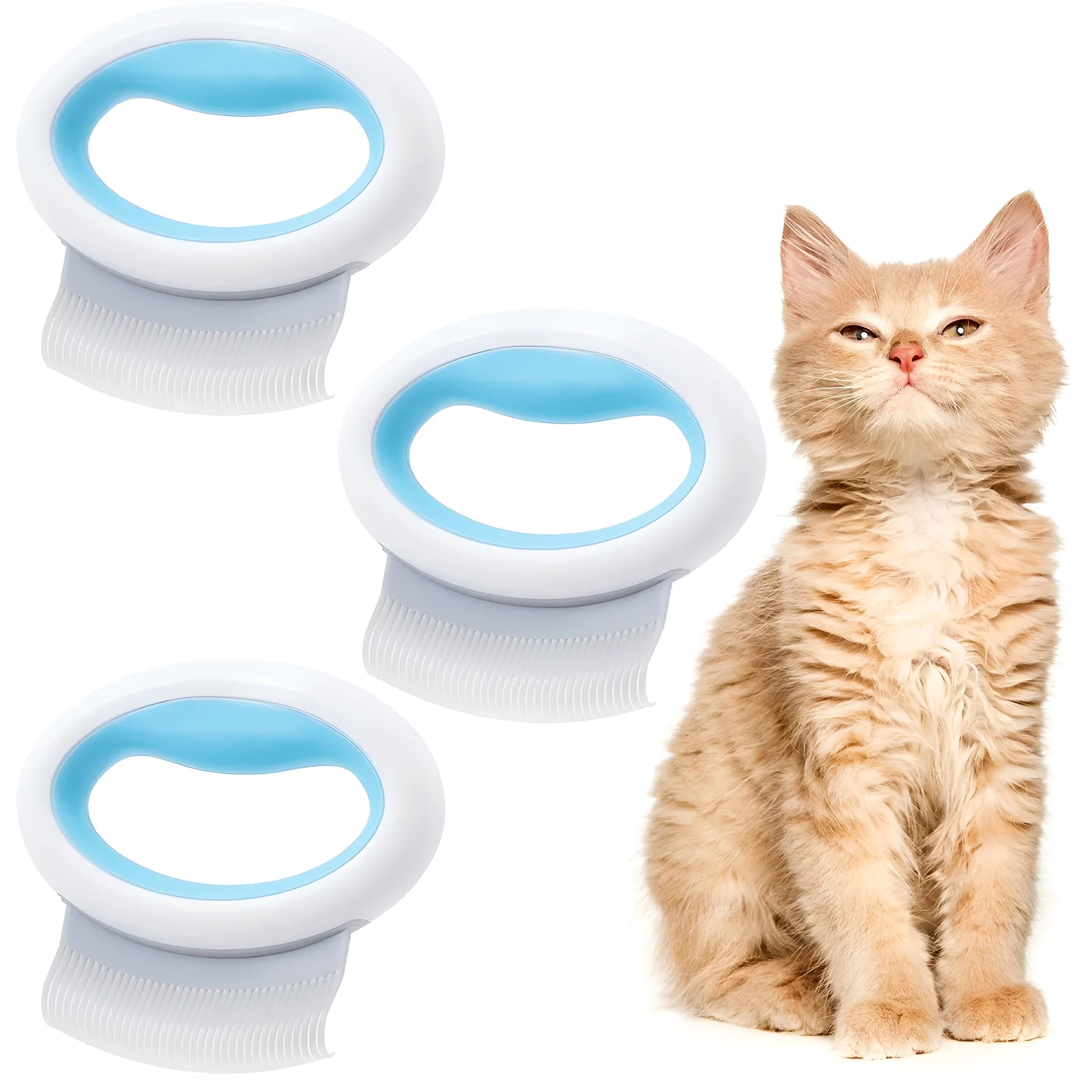 Blue pet grooming comb for cats and dogs on a white background, showing ergonomic handle and soft teeth.
