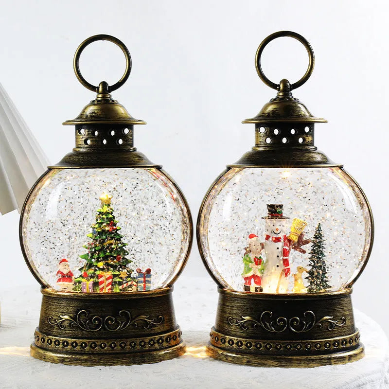 Large flat round plastic Christmas decoration rotating crystal ball music box with night light