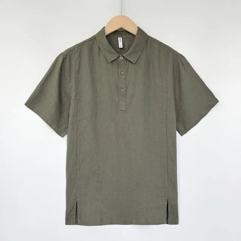 Men's loose fit linen summer top in gray green with short sleeves and thin lapels
