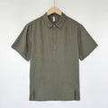 Men's loose fit linen summer top in gray green with short sleeves and thin lapels