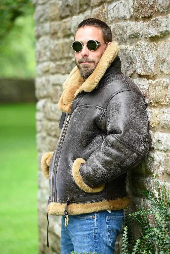 Men's brown retro synthetic leather fur coat with straight hem and side pockets
