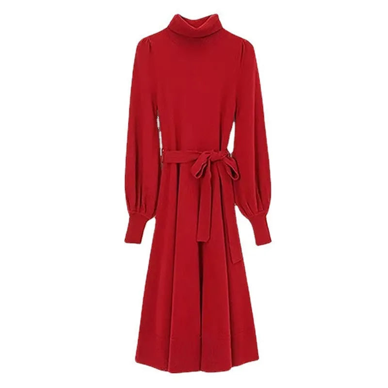 Women's solid color turtleneck knit dress with long sleeves and elastic waist in rose red, black, red, or blue