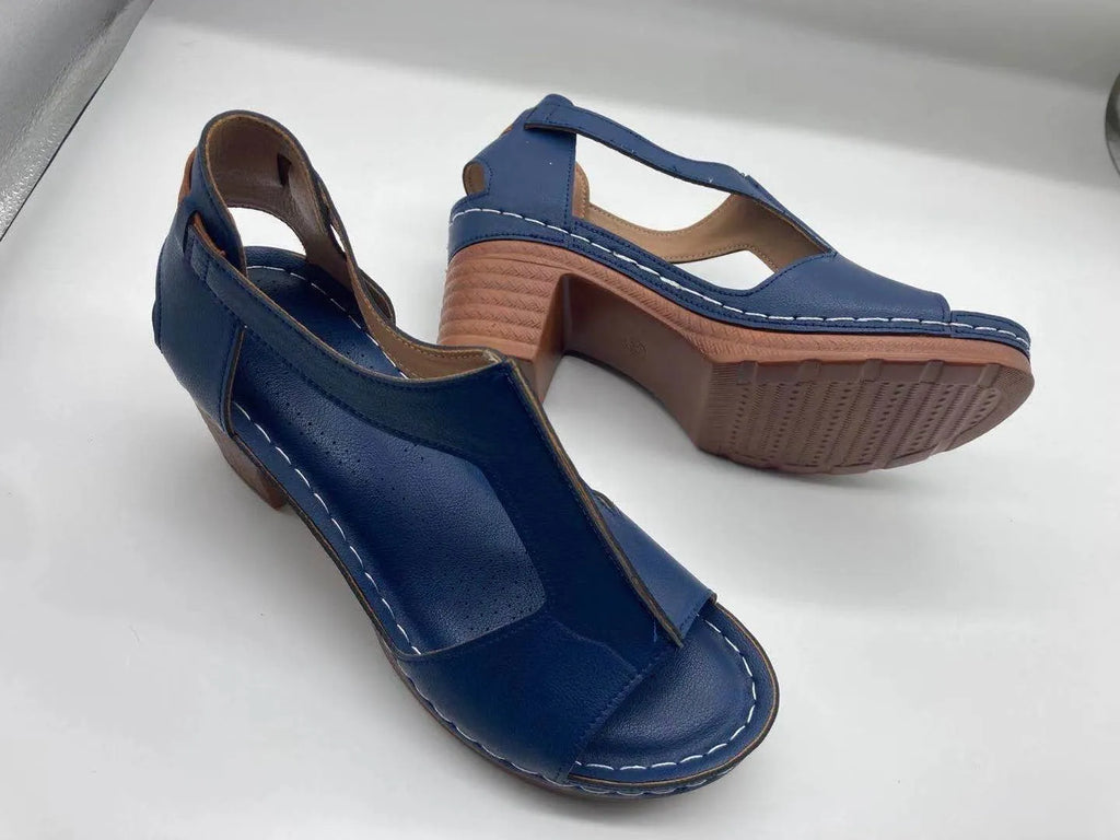 Women's plus size peep toe wedge sandals in gold with Roman style and buckle fastening