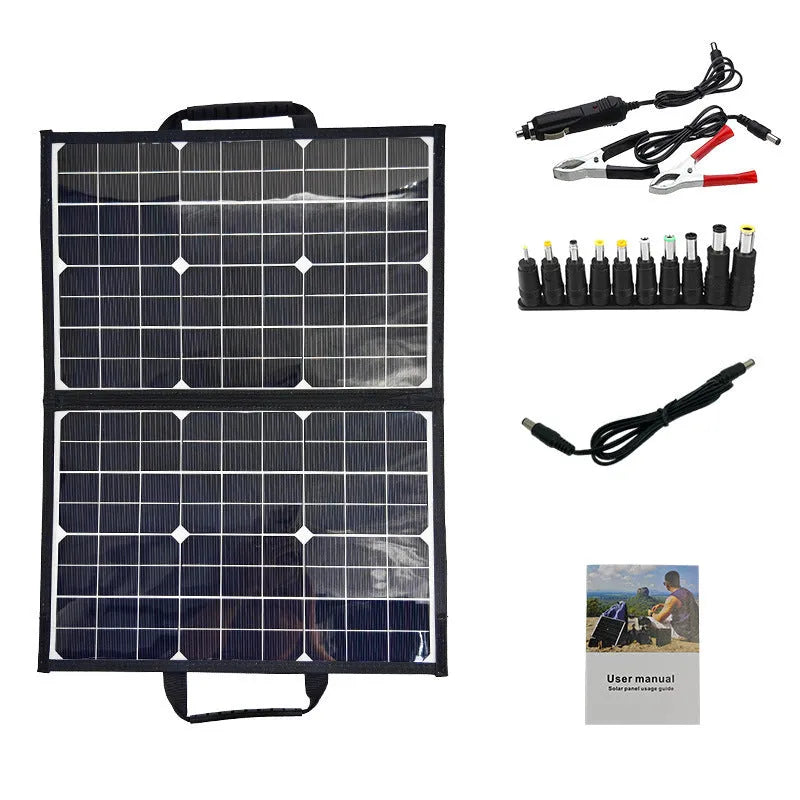 Black 40W single crystal folding solar panel bag shown folded to compact size