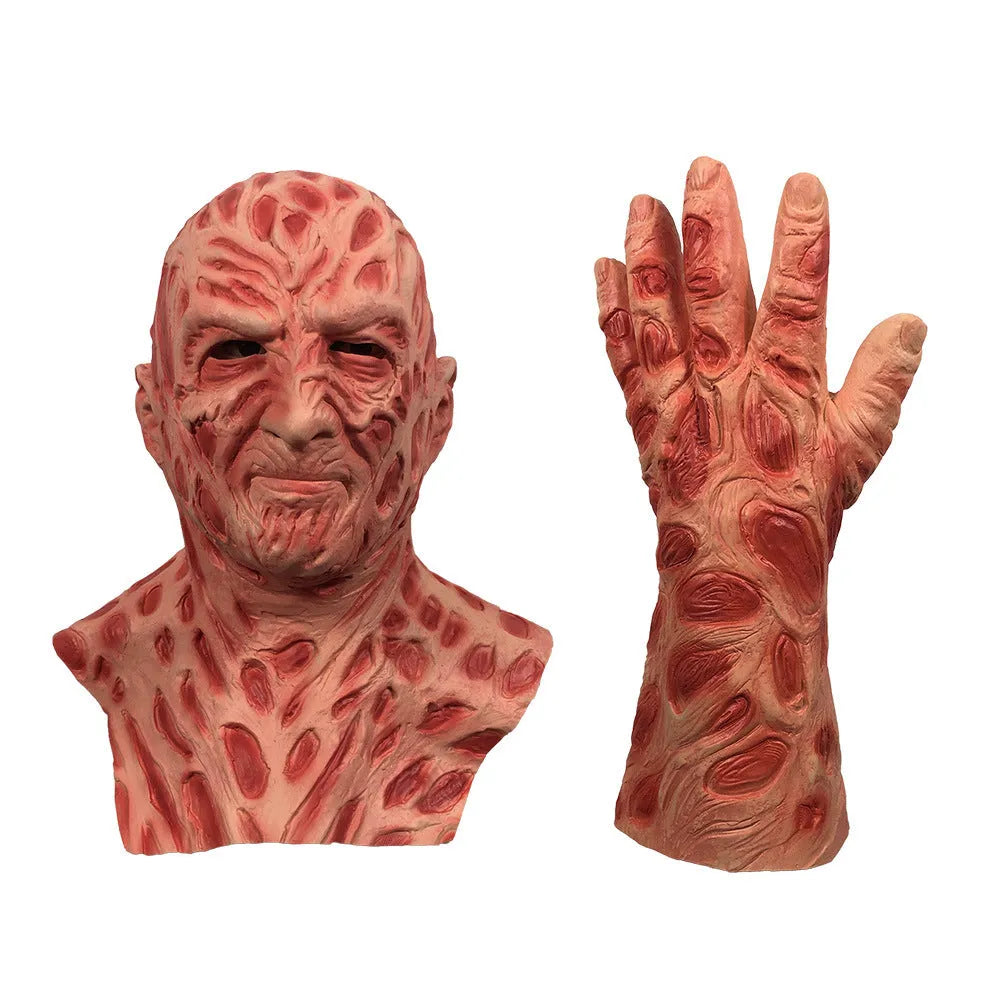 Latex horror grimace mask and gloves set in skin colour for Halloween